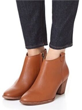 Madewell Cognac Leather Ankle Booties with Stacked Heel